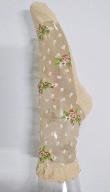 Women's Beige Polka Dot Socks With Flowers
