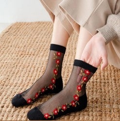 Women's Sheer Socks With Red Daisy