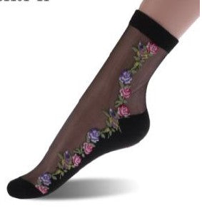 Women's Sheer Socks With Floral Design (Pink & Blue Flowers)